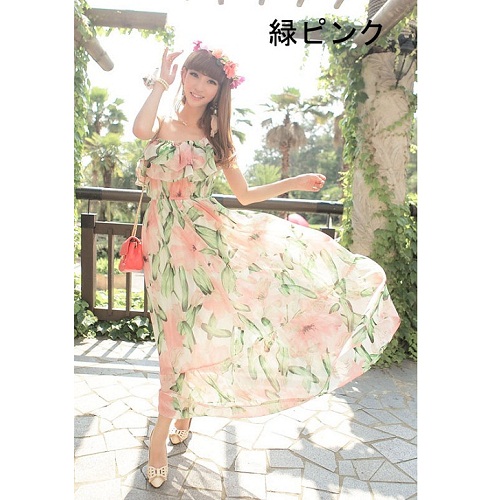 ファッションショップaya 花柄 フリルマキシ丈ワンピース 緑ピンク ファッションショップaya 花柄 フリルマキシ丈ワンピース 緑ピンク