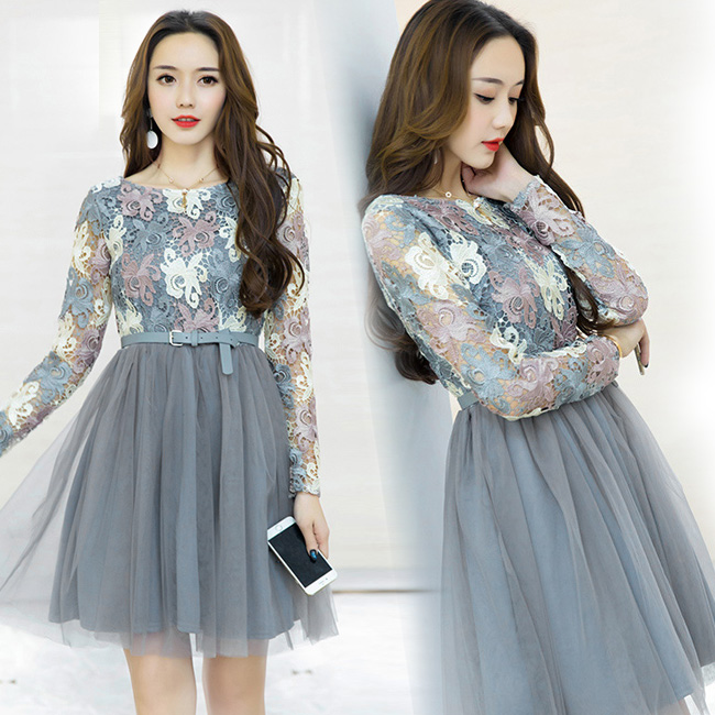 ファッションショップaya 花柄レース 切り替え チュールワンピース