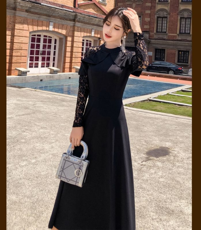 ファッションショップAya☆レース袖フリル・ロングワンピース