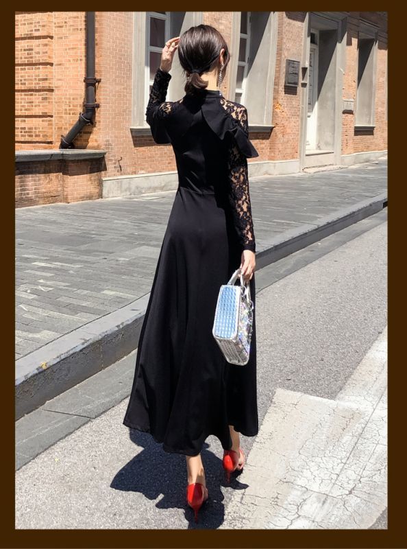 ファッションショップAya☆レース袖フリル・ロングワンピース