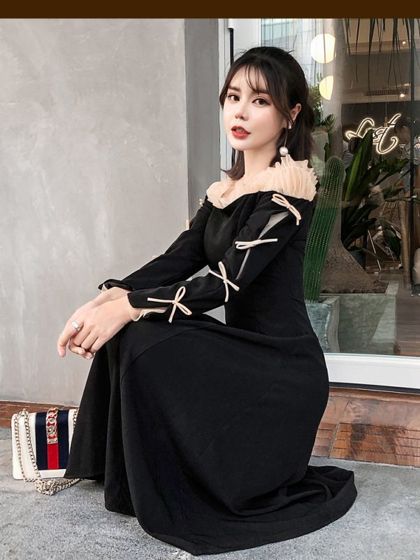 ファッションショップAya☆オフショル・リボン袖絞り・ロングワンピース