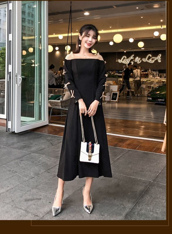 ファッションショップAya☆オフショル・リボン袖絞り・ロングワンピース