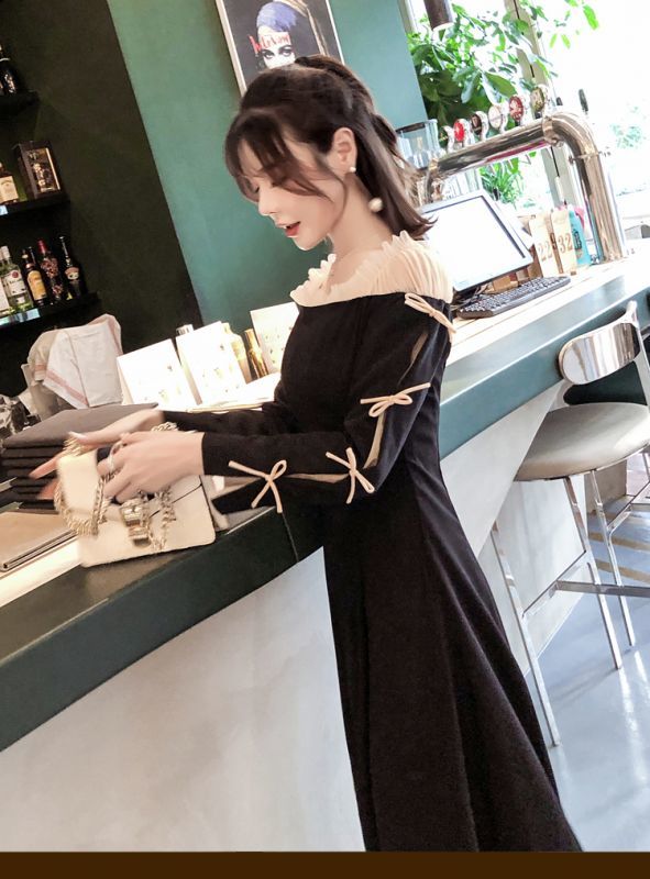 ファッションショップAya☆オフショル・リボン袖絞り・ロングワンピース