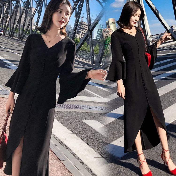 ファッションショップaya フロント飾りボタン ラッパ袖 ロングワンピース ファッションショップaya フロント飾りボタン ラッパ袖 ロングワンピース